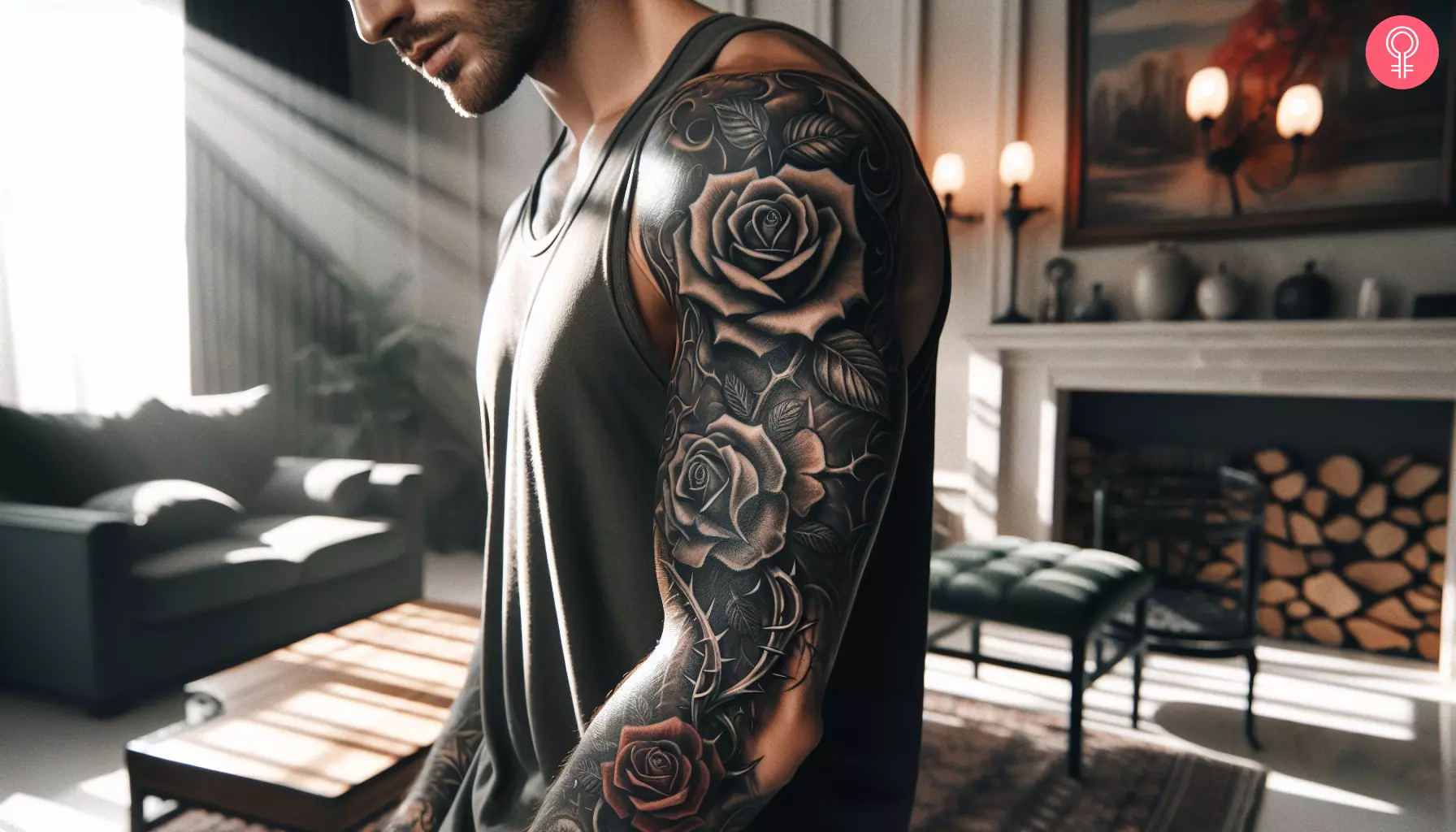 A rose with thorns tattoo sleeve on the arm