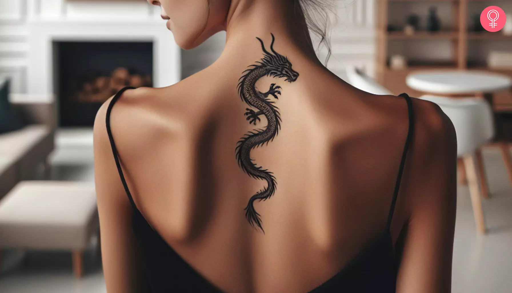 A simple black ink dragon serpent tattoo on the spine of a woman