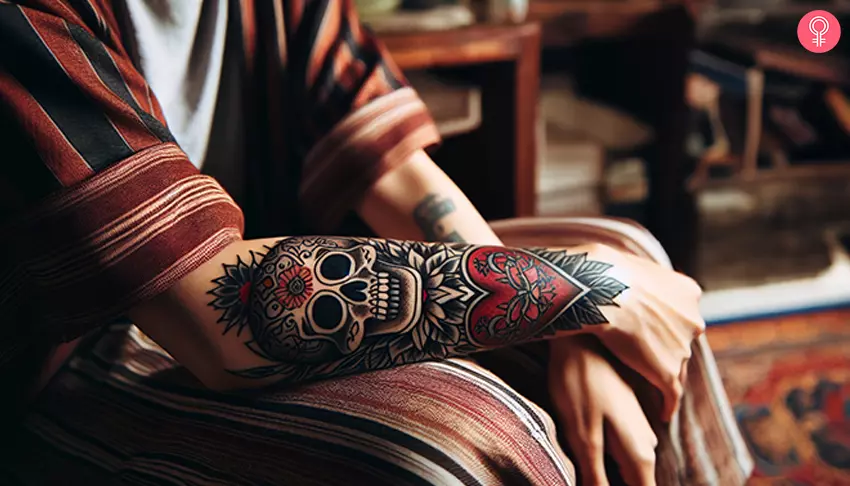 A skeleton heart tattoo on the forearm
