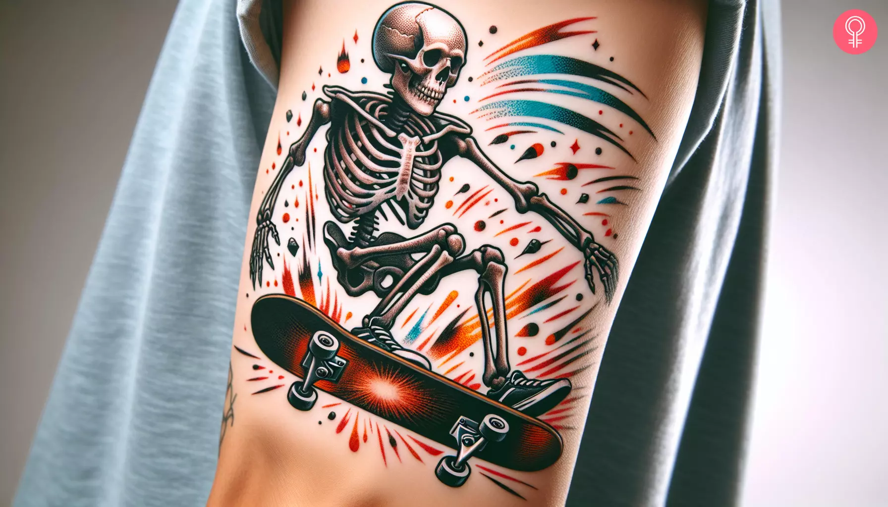 A skeleton skateboarding tattoo on the arm
