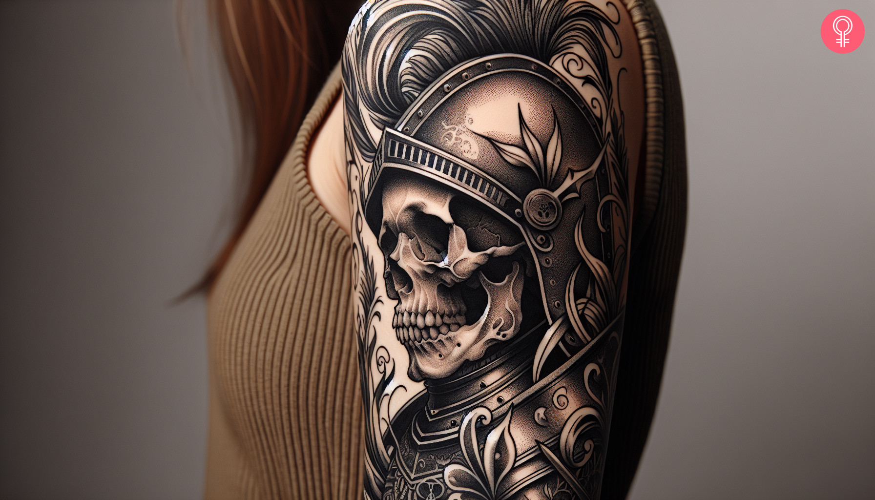 A skull knight tattoo on a woman’s upper arm