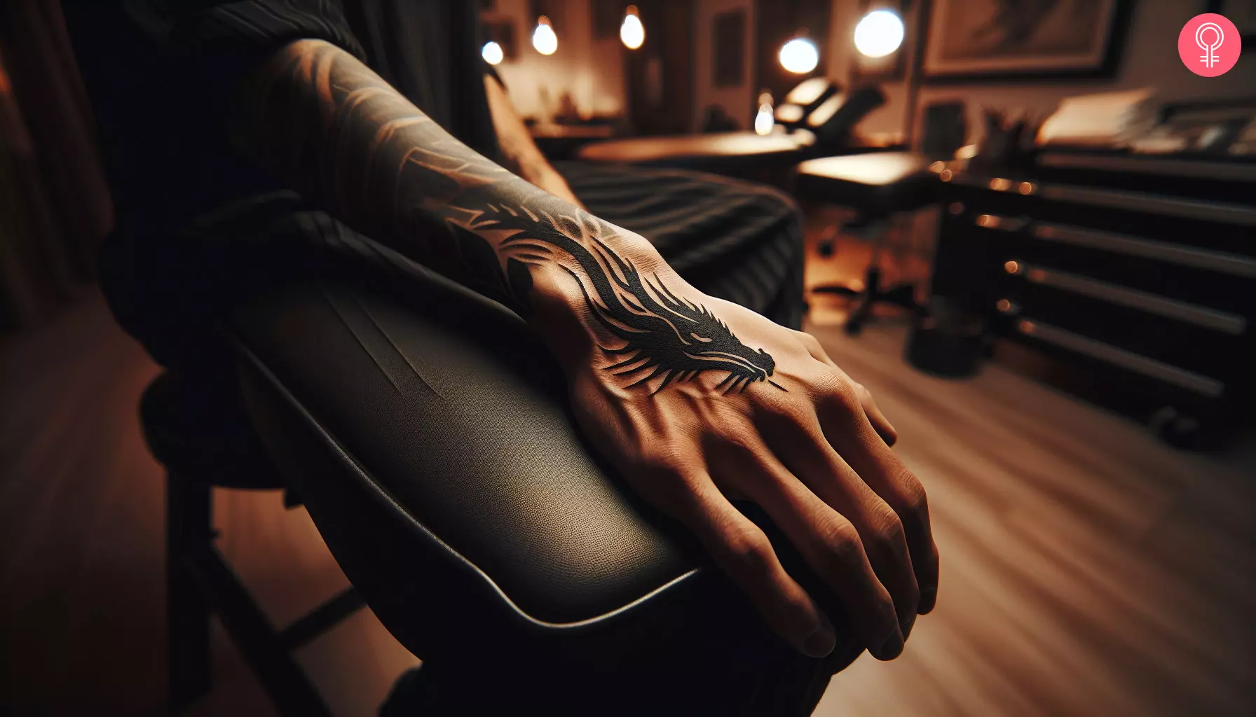 A sleek dragon head tattoo on the back of the hand of a man