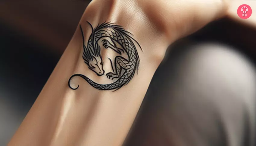 A sleeping dragon tattoo on the wrist