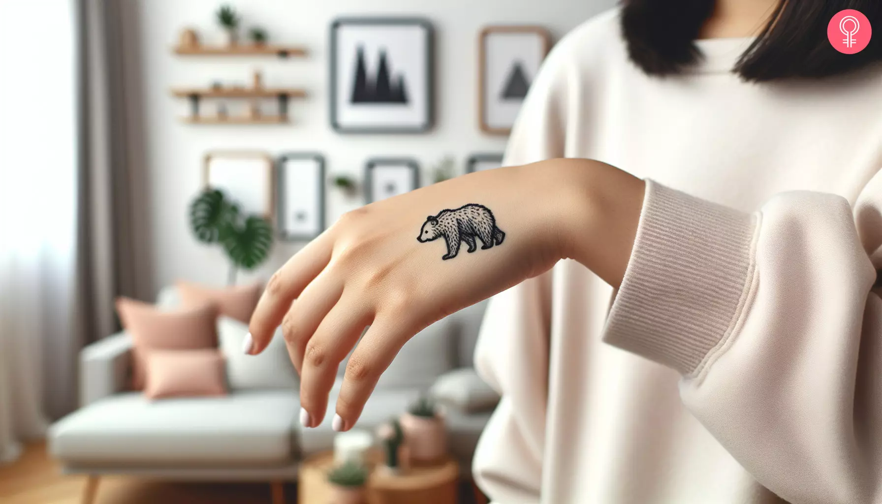 A small black bear tattoo on the back of the arm