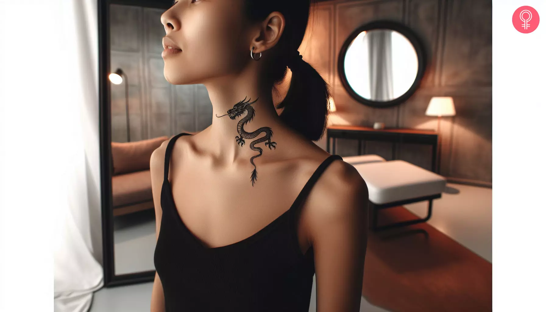 A small black dragon tattoo on the side of the neck