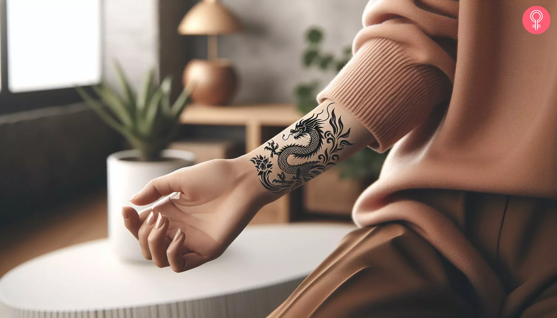 A small dragon tattoo design on the wrist of a woman