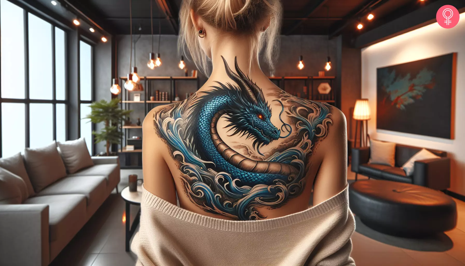 A striking blue dragon tattoo on the upper back