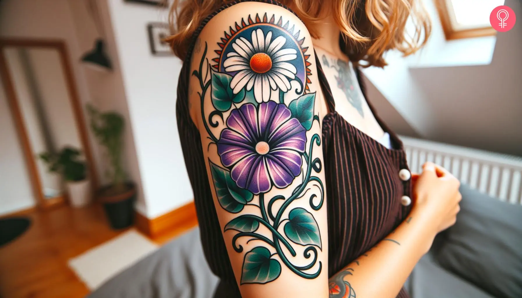 A tattoo of a morning glory and a daisy on a woman’s upper arm