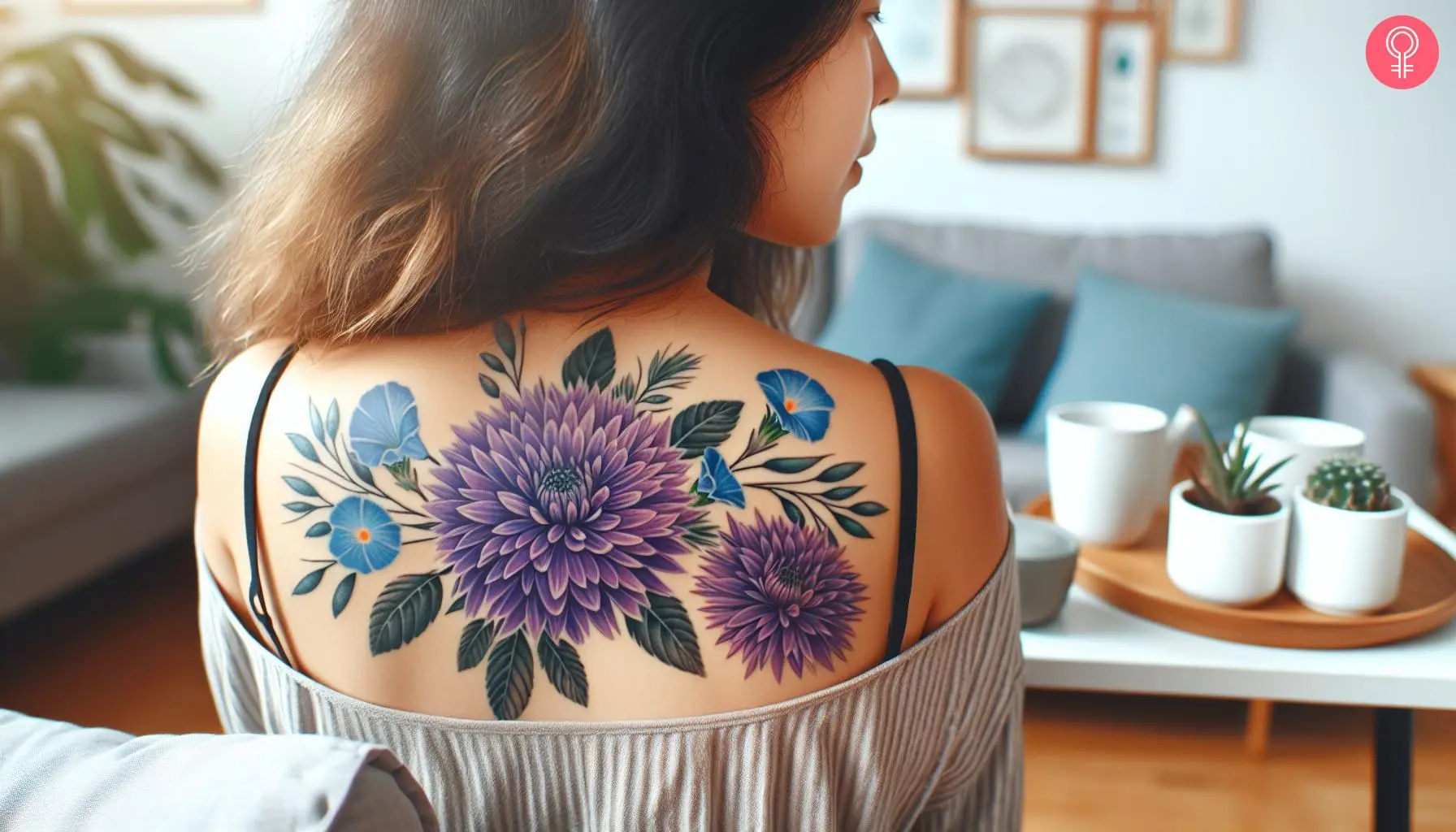 A tattoo of aster and morning glory flowers on a woman’s upper back