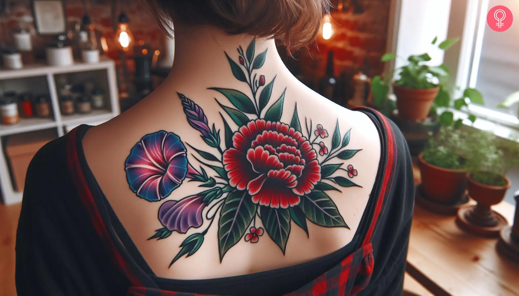 A tattoo of carnation and morning glory on a woman’s upper back