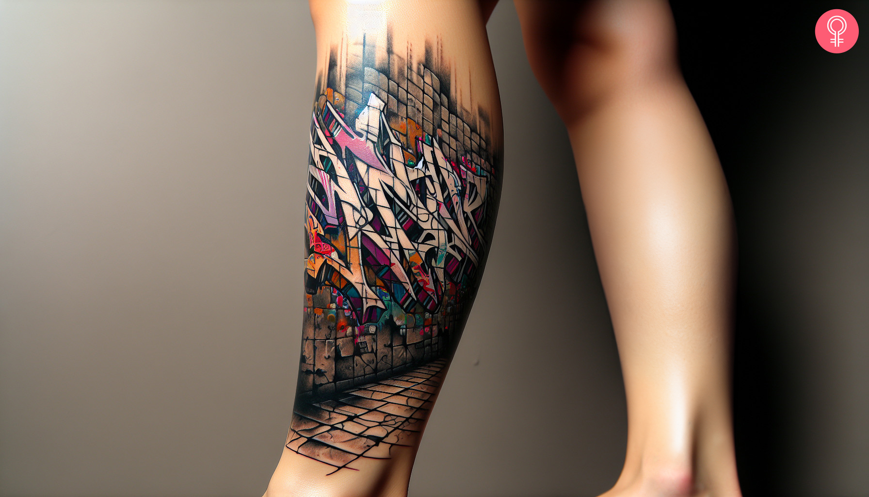 A tattoo on a woman’s calf featuring a graffiti wall