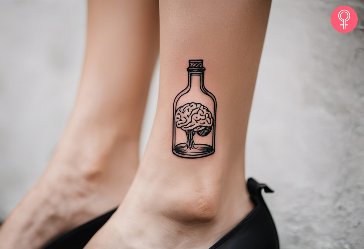 A tattoo on the ankle showing a brain in a jar
