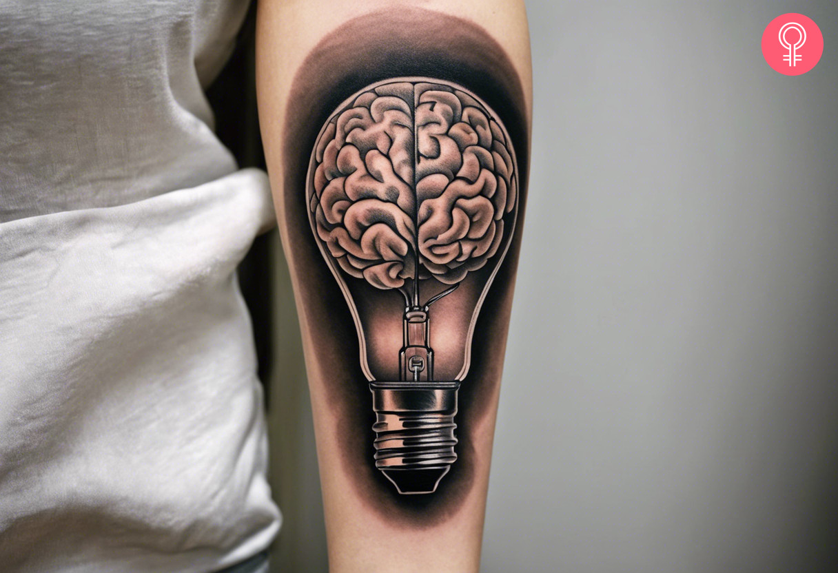 A tattoo on the forearm showing a brain inside a light bulb