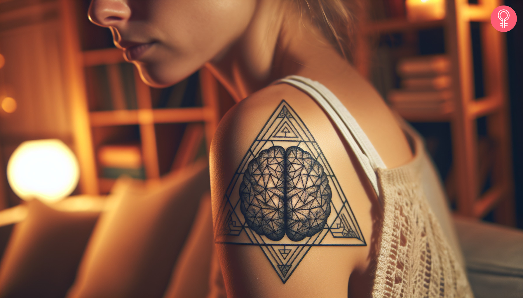 A tattoo on the shoulder showing a geometric brain