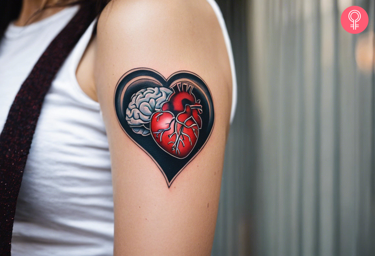 A tattoo on the upper arm showing the heart and brain