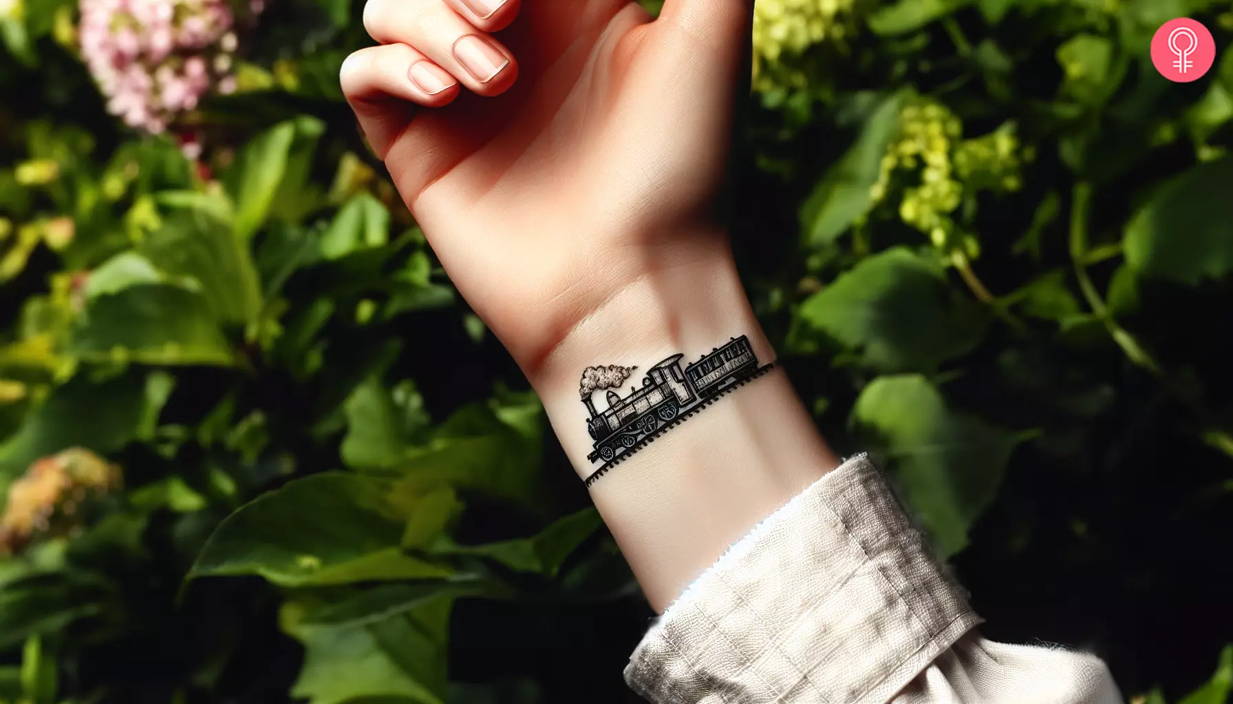A tiny train tattoo on the wrist