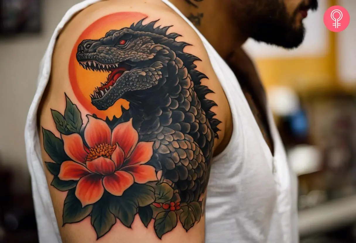 A traditional Godzilla tattoo design on a man’s arm