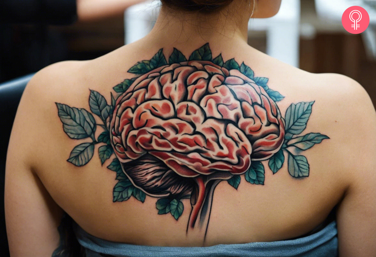 A traditional brain tattoo on the upper back