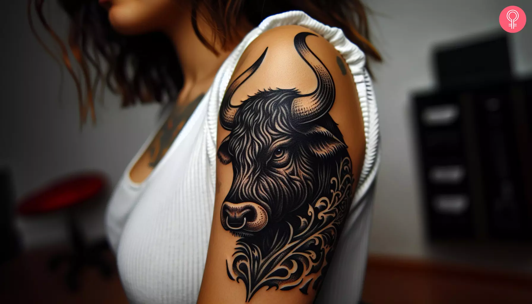 A traditional bull head tattoo on a woman’s upper arm