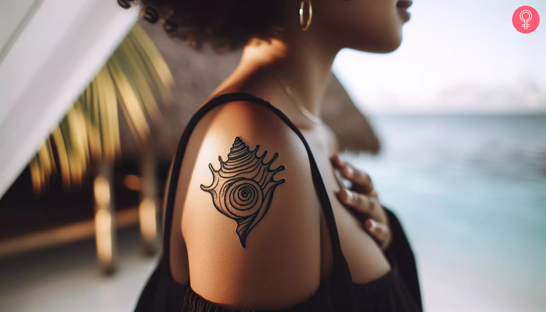 A traditional conch shell tattoo on the upper arm