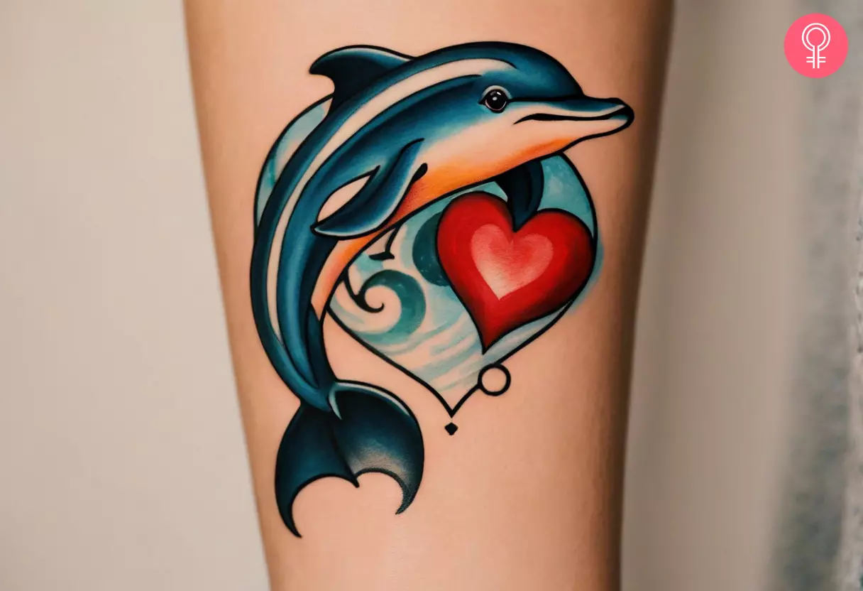 A traditional dolphin tattoo with a heart on the forearm