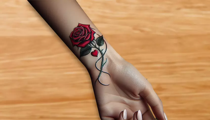 A traditional rose with a red heart inked on the wrist of a woman