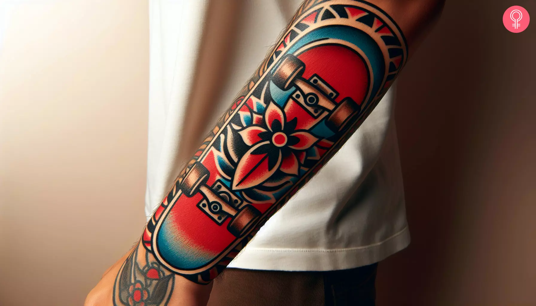 A traditional skateboard tattoo in black, red, and blue ink on the forearm