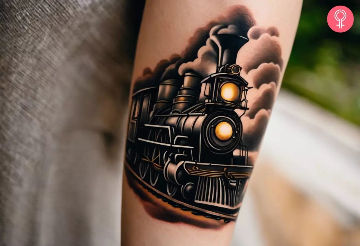 A traditional steam engine train tattoo on the upper arm
