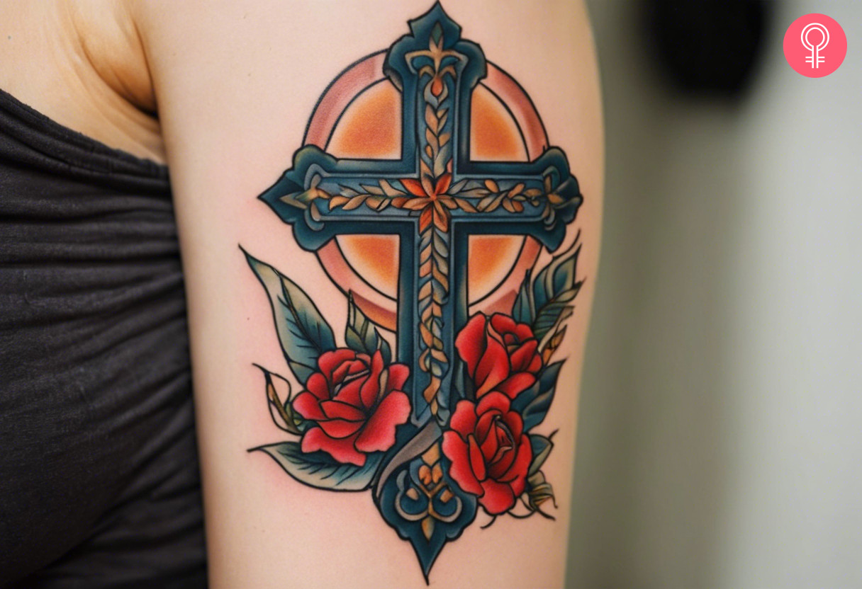 A traditional tattoo of a cross on the forearm