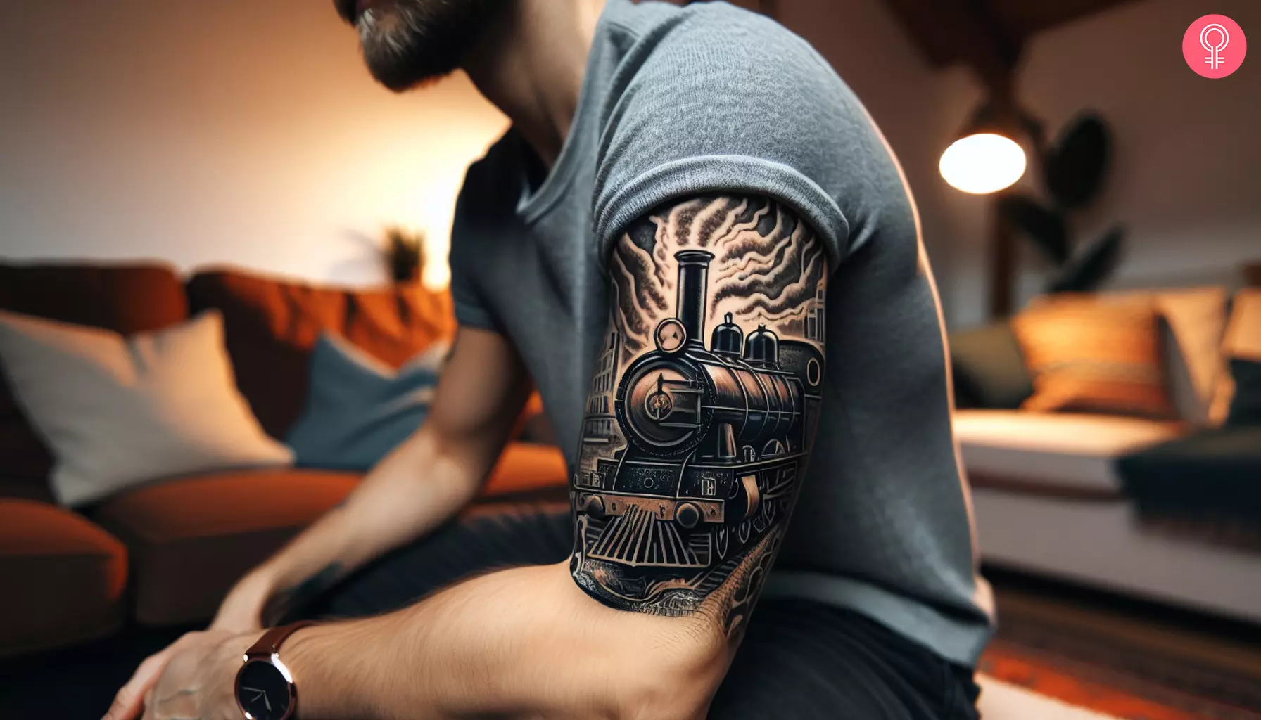 A traditional train tattoo sleeve on the upper arm