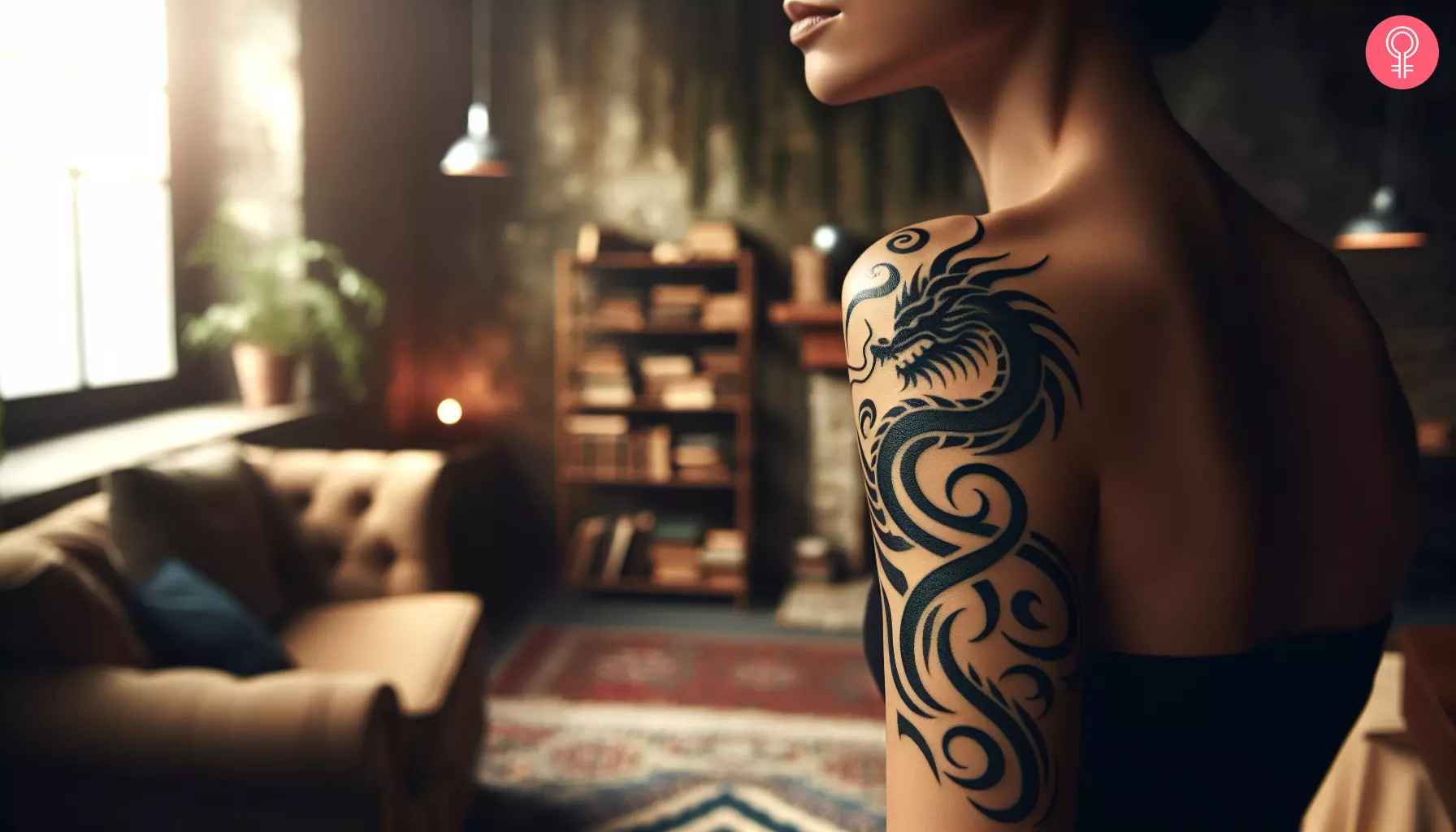 A tribal dragon tattoo on the upper arm