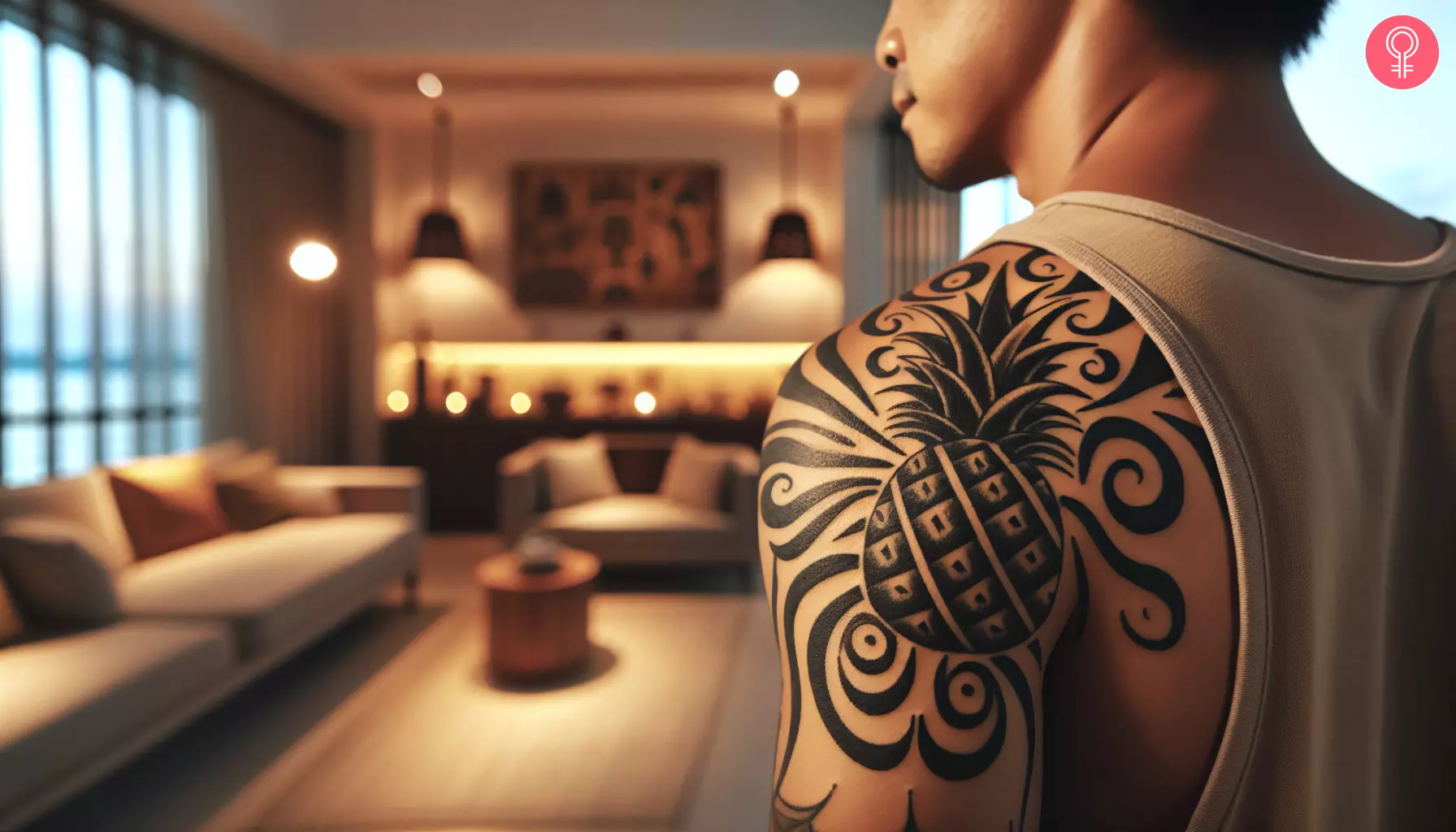 A tribal pineapple tattoo on a man's shoulder