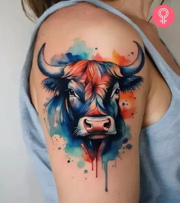 Woman with a bull skull tattoo on the upper arm