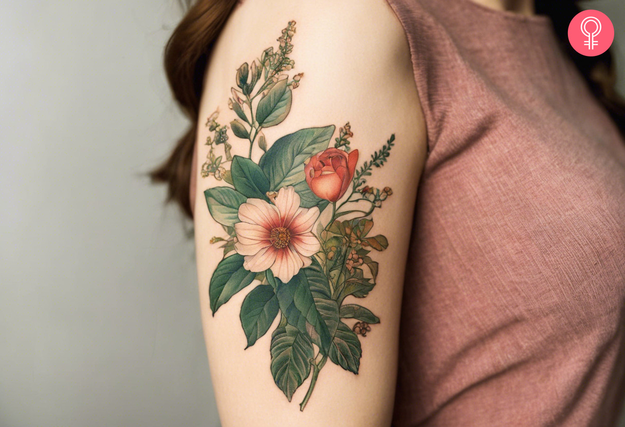 A vintage botanical tattoo design on the upper arm