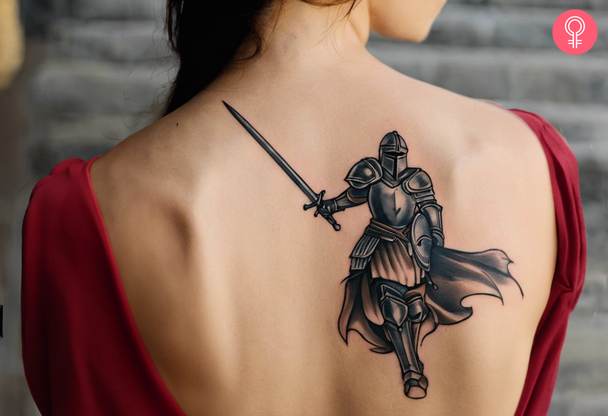 A warrior knight tattoo on a woman’s upper back