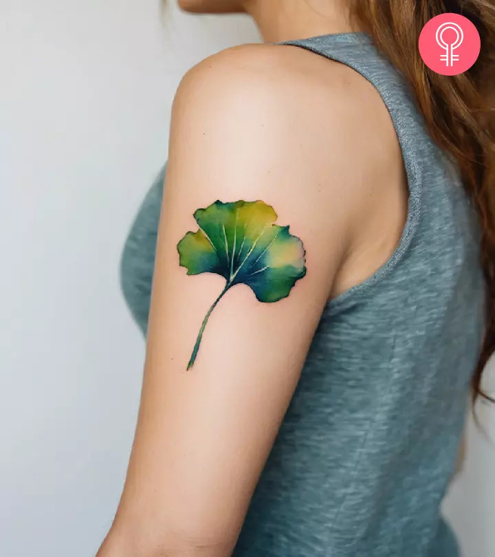 A watercolor style ginkgo leaves tattoo on the upper arm