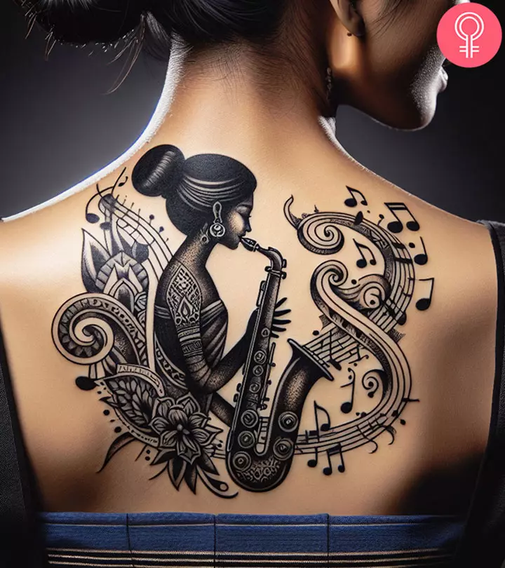 A woman flaunting a saxophone tattoo on her upper back