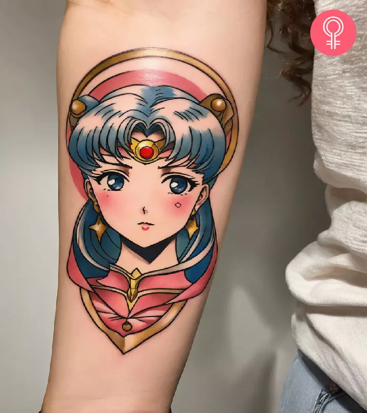 A woman sporting an anime tattoo on her forearm