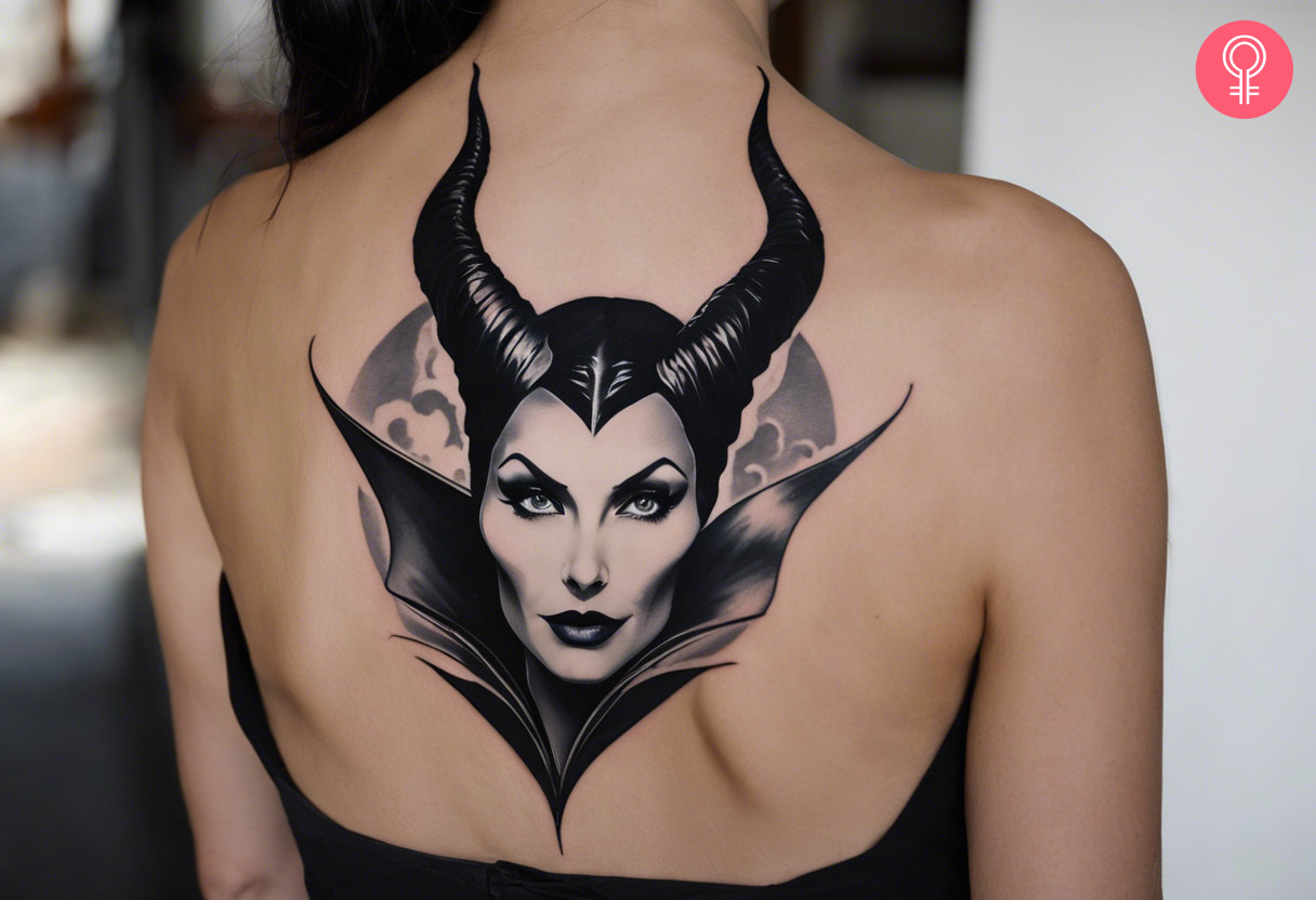 A woman wearing a black-and-white Maleficent tattoo on the back