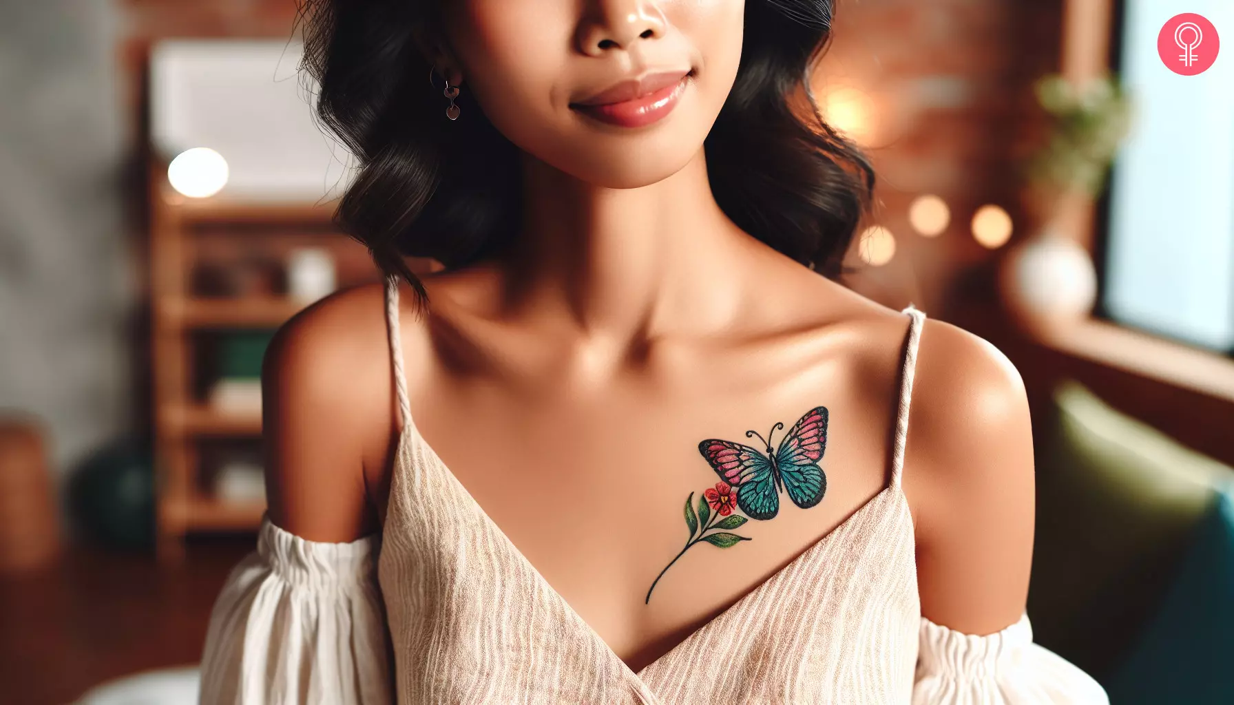 A woman with a butterfly collarbone tattoo