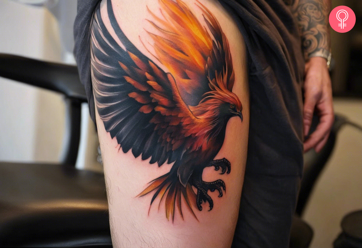 A woman wearing a phoenix bird tattoo on the thigh