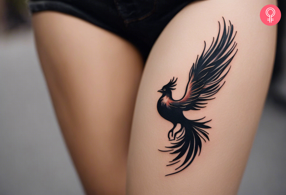 A woman wearing a phoenix female tattoo on the thigh