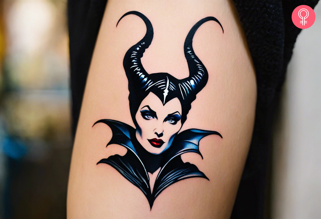 A woman wearing a small maleficent tattoo on the upper arm