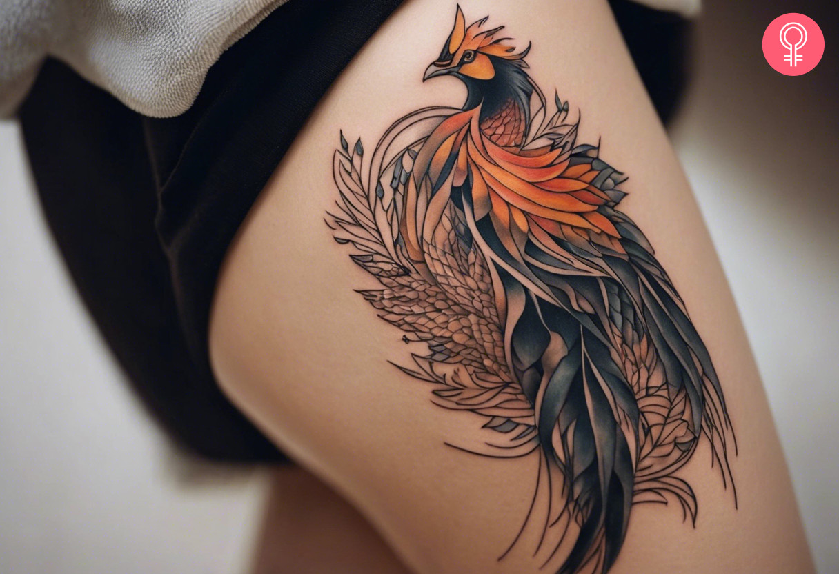 A woman wearing an ember feminine phoenix thigh tattoo