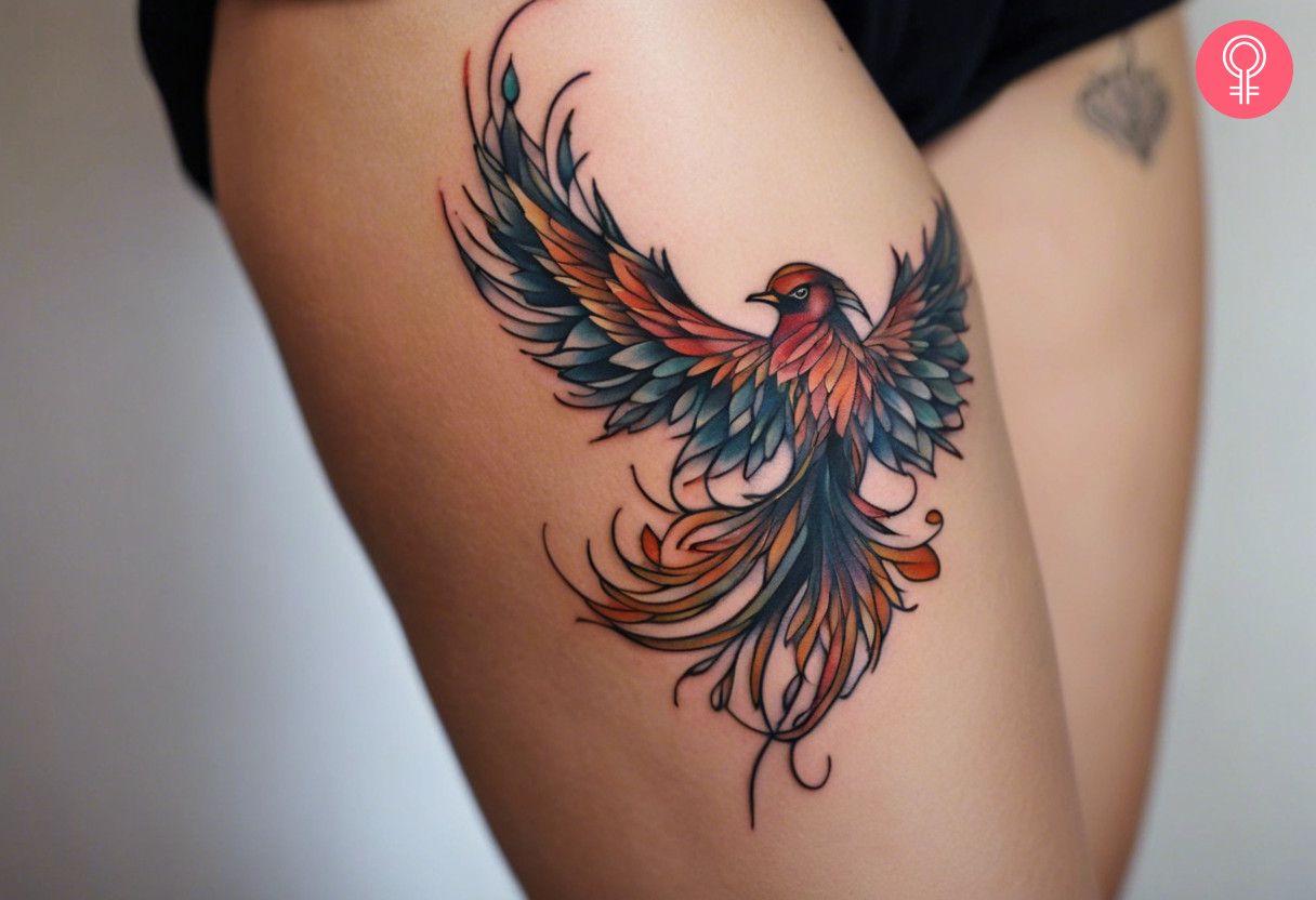 A woman wearing feminine phoenix bird tattoo on thigh