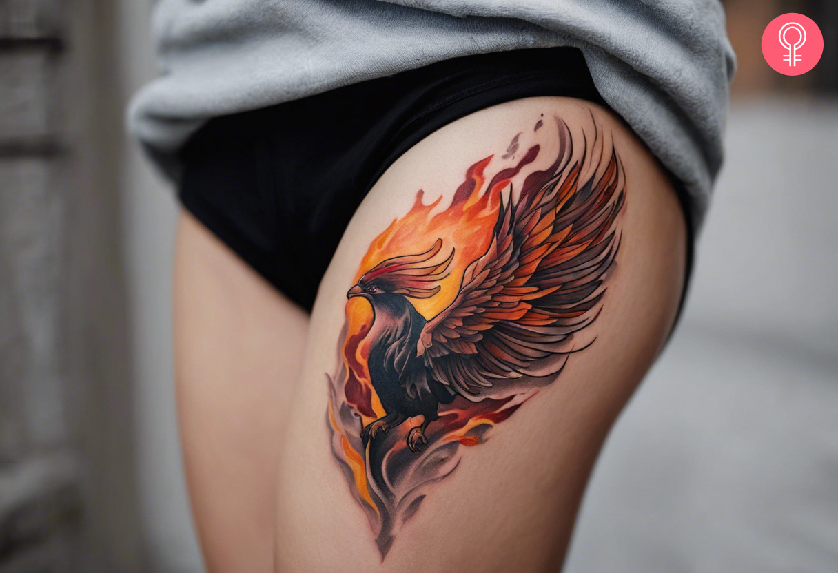A woman wearing rebirth feminine phoenix thigh tattoo