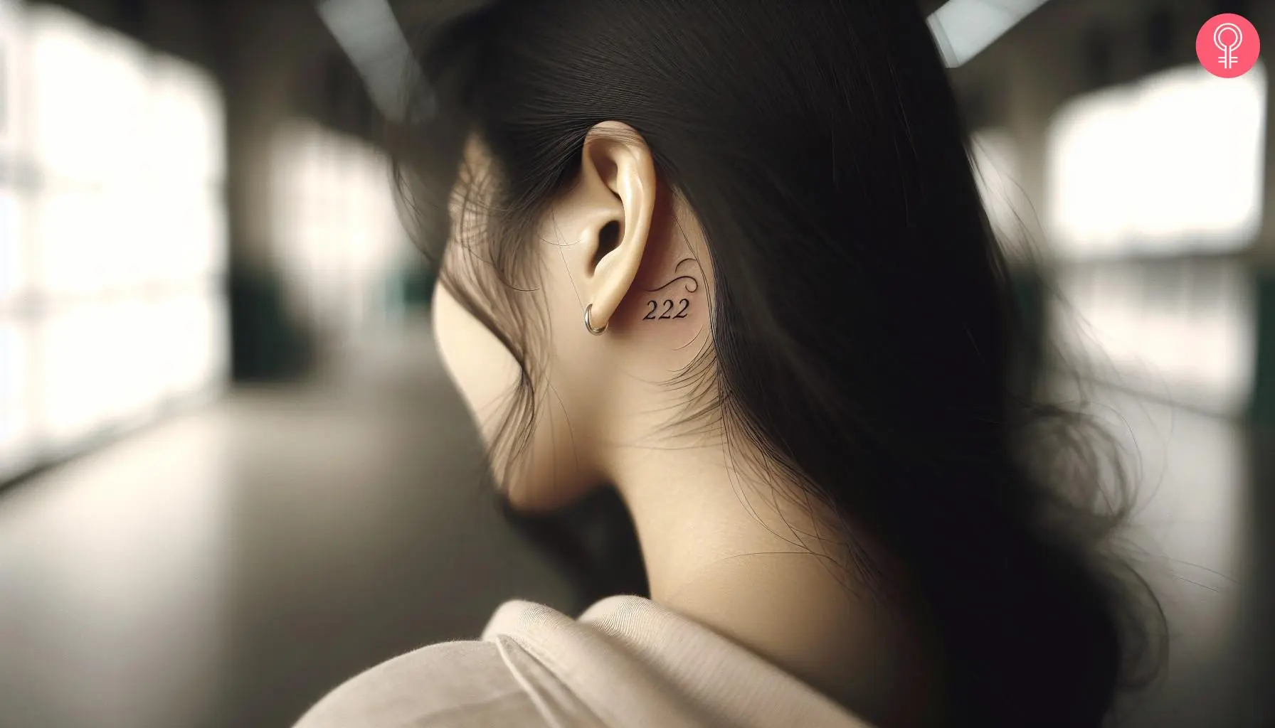 A woman with a 222 tattoo behind her ear