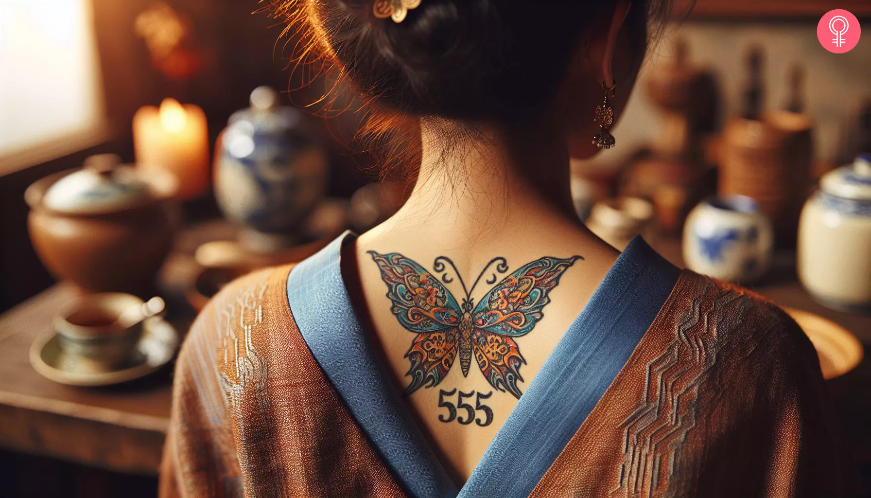 A woman with a 555 butterfly tattoo on the nape of her neck