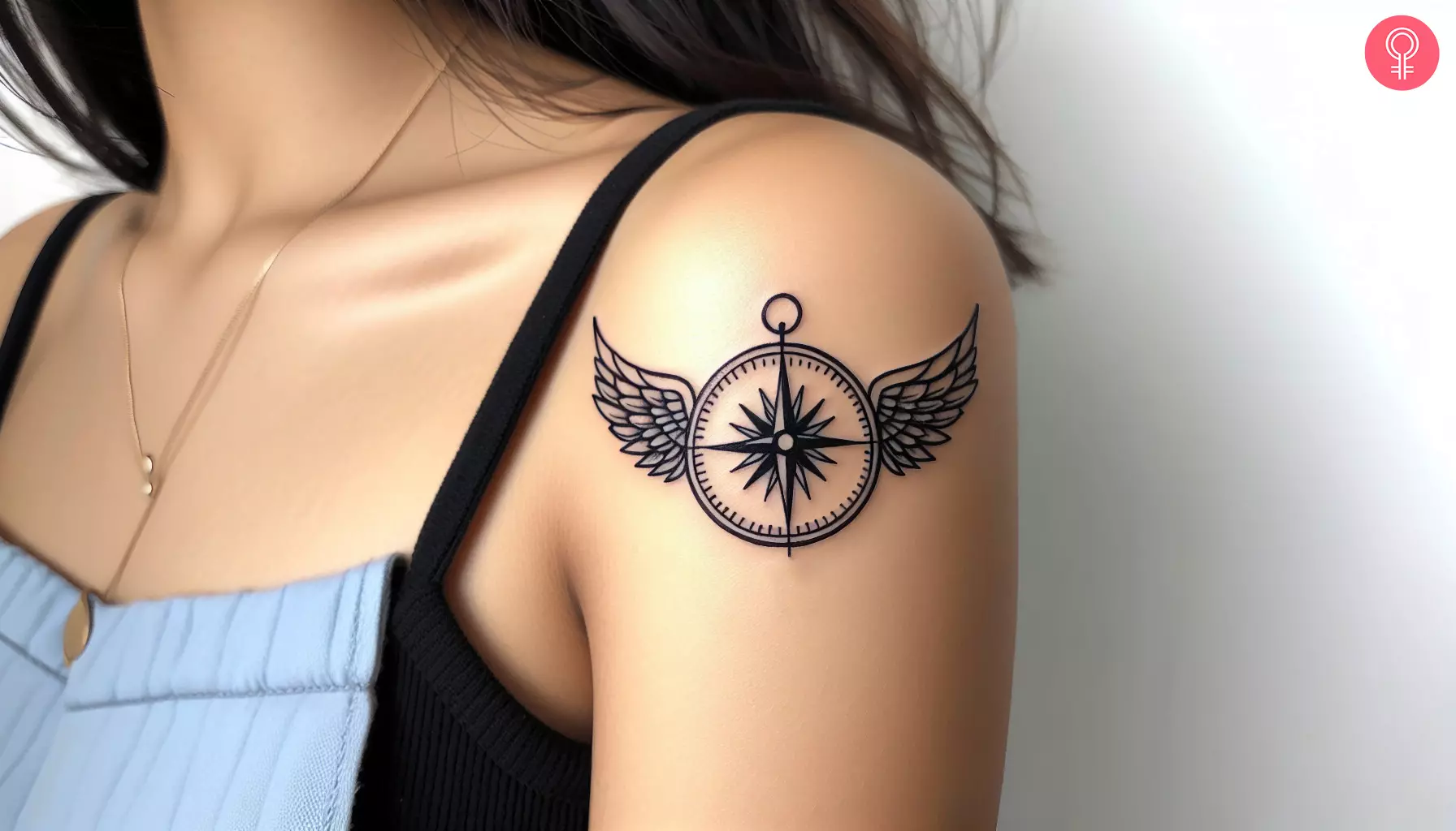 A woman with a Christian compass upper arm and shoulder cuff tattoo