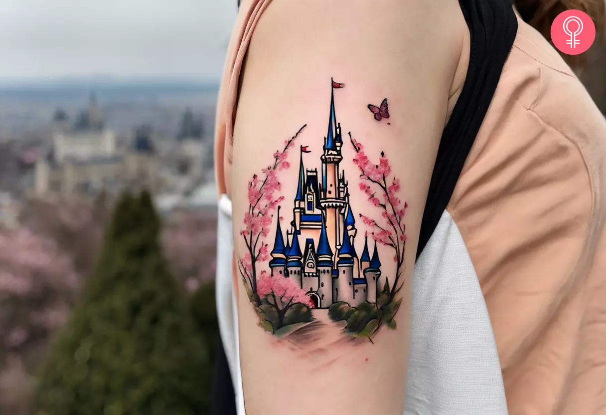 A woman with a Cinderella castle tattoo on her upper arm